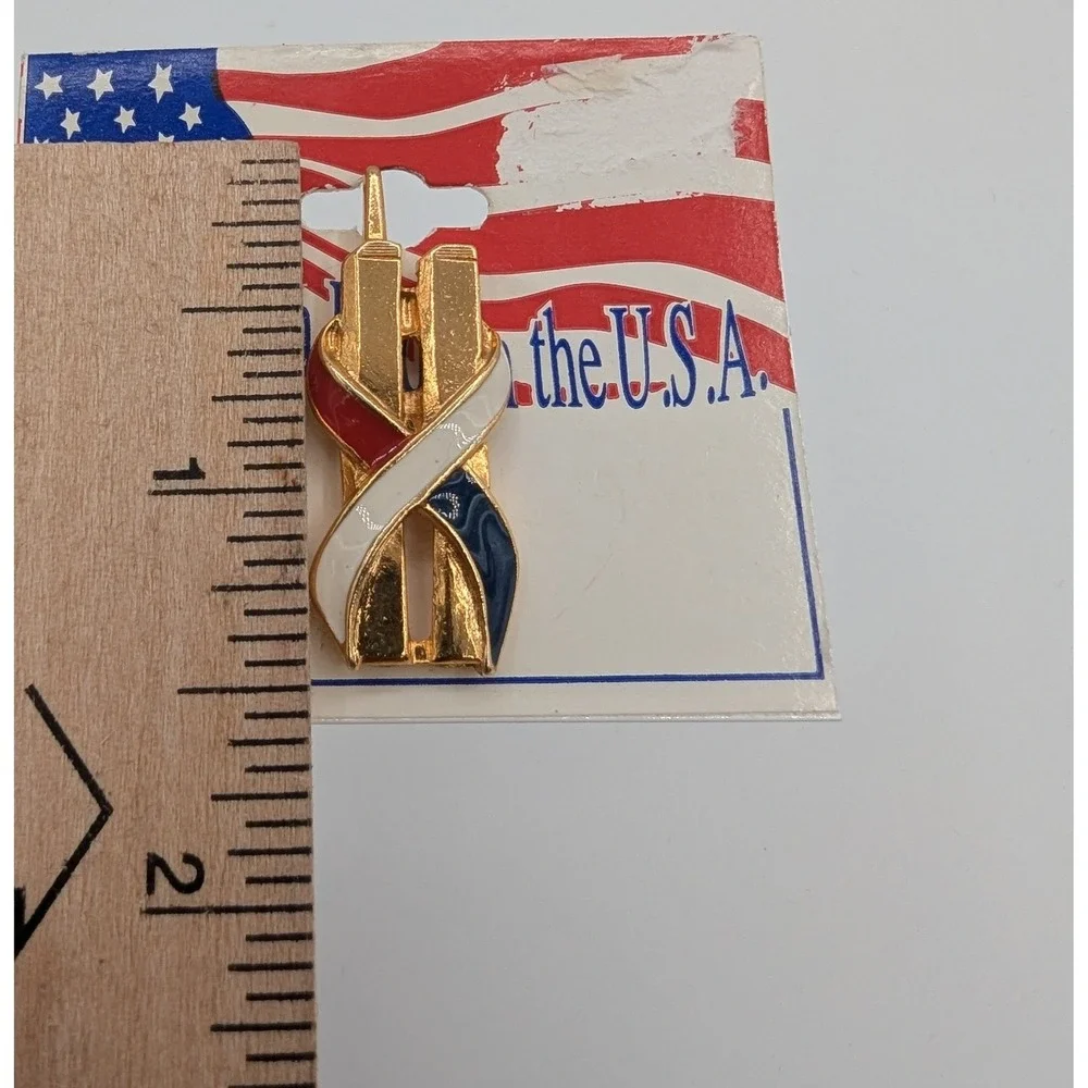 Patriotic American Flag & 9/11 Twin Towers Memorial Enamel Lapel Pin Set Gold